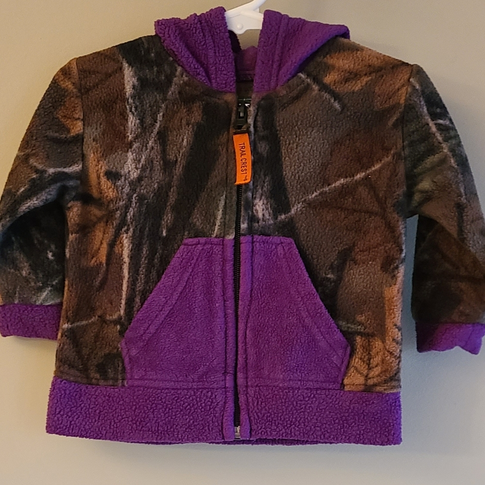 Camo zip up fleece with purple hood and pocket